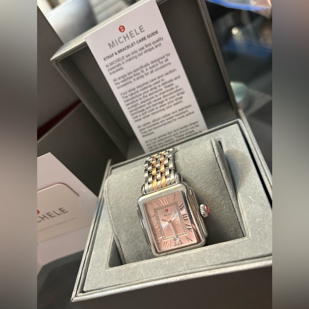 MICHELE Deco II Diamond Dial Women's Watch Silver and Rose Gold